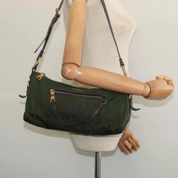 PRADA Shoulder Bag Nylon Khaki Gold Auth - Picture 1 of 15